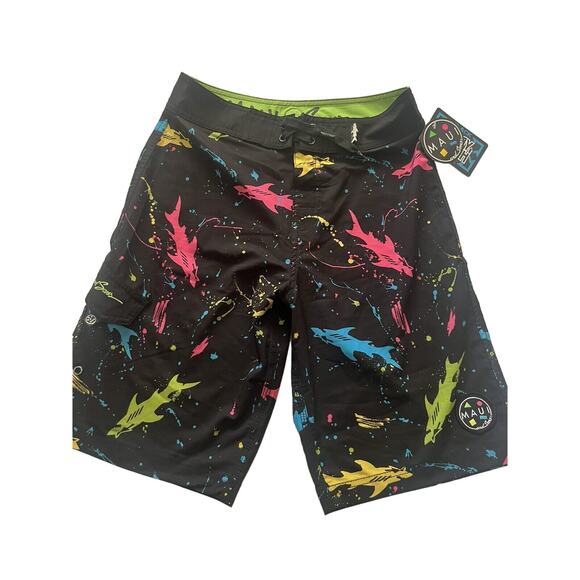 NWT Maui and Sons Boy's Youth Sz 14 Black Print Board Swim Shorts - Picture 1 of 5